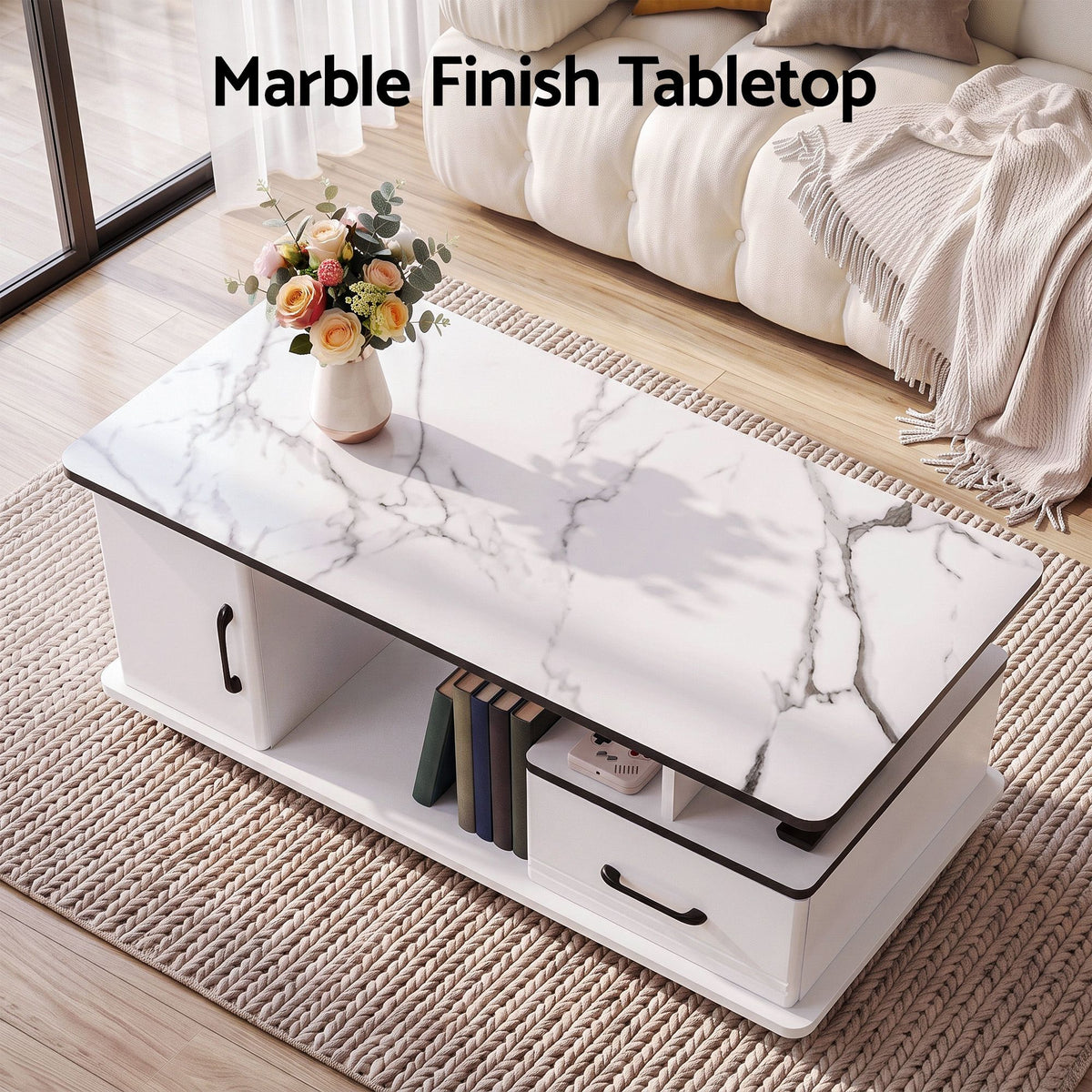 Artiss White Marble Effect Coffee Table with Storage