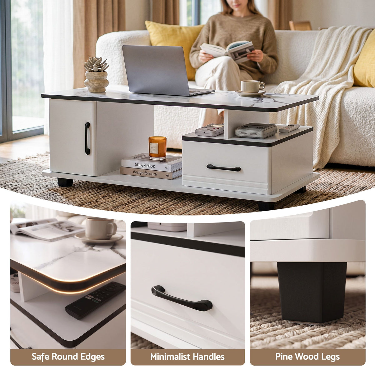 Artiss White Marble Effect Coffee Table with Storage