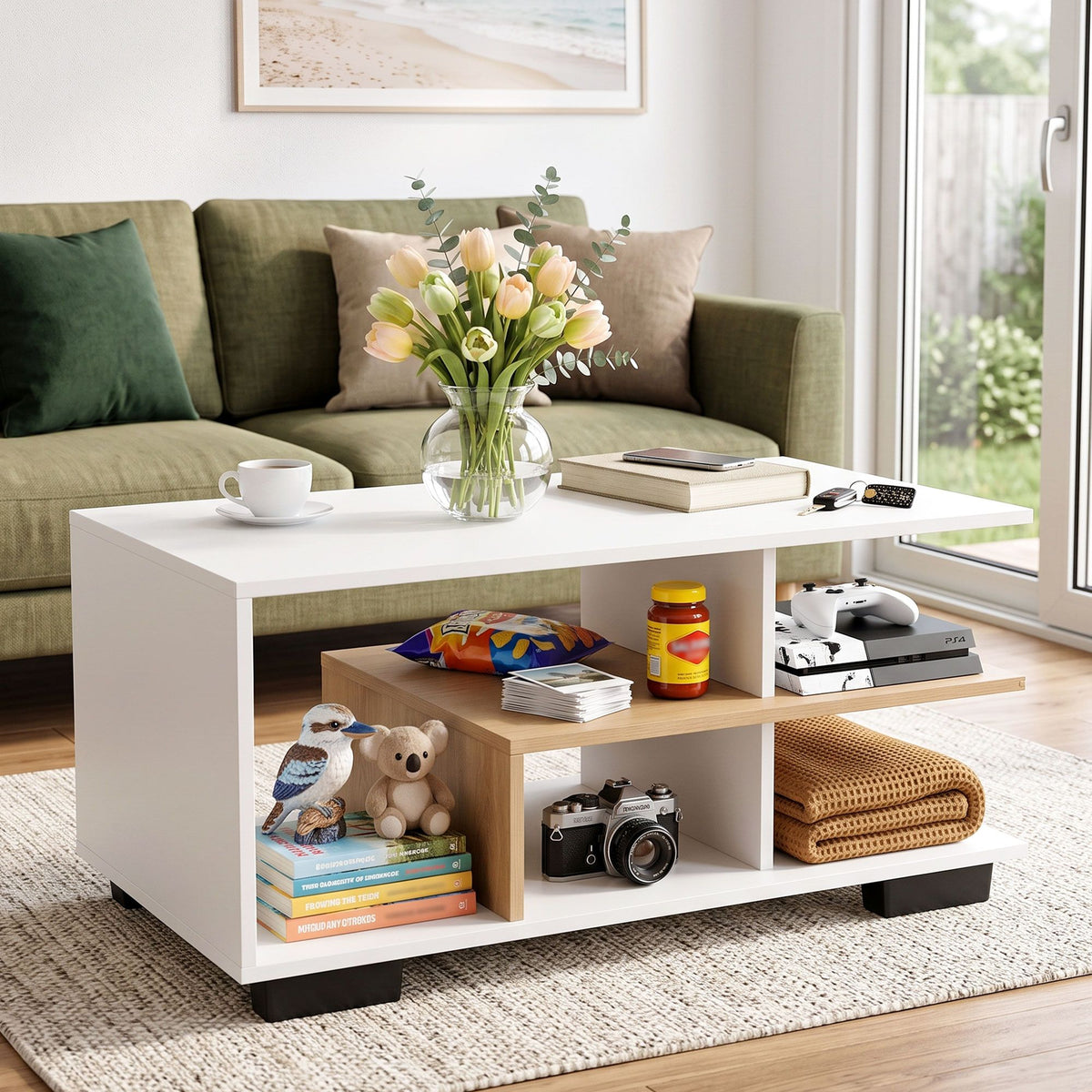 Artiss White and Wood Finish Coffee Table, 90 cm