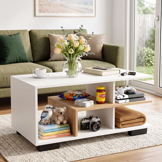 Artiss White and Wood Finish Coffee Table, 90 cm