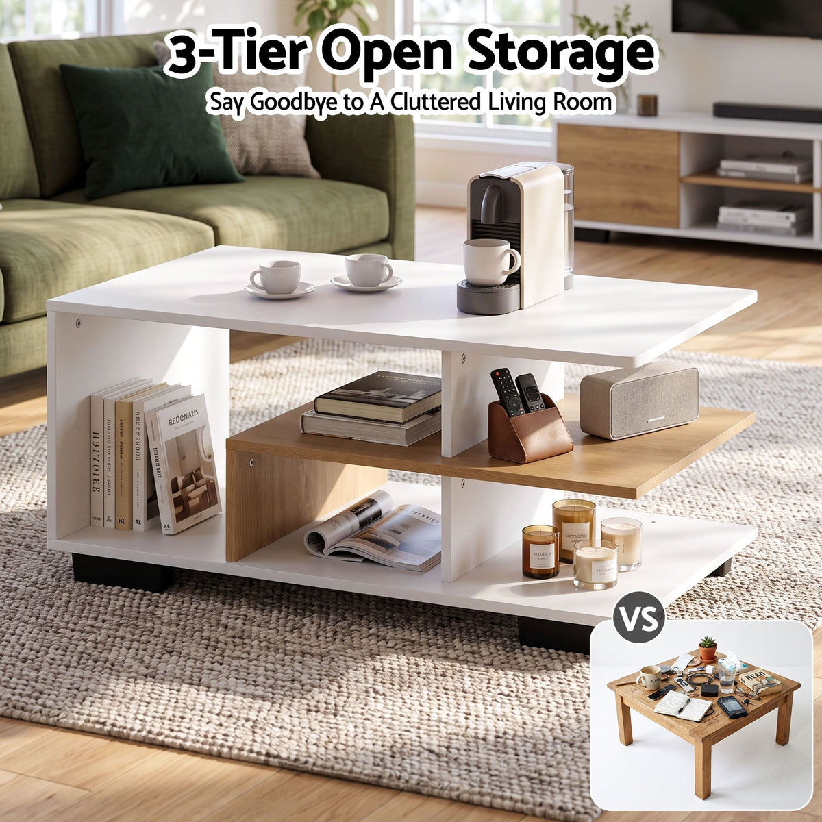 Artiss White and Wood Finish Coffee Table, 90 cm