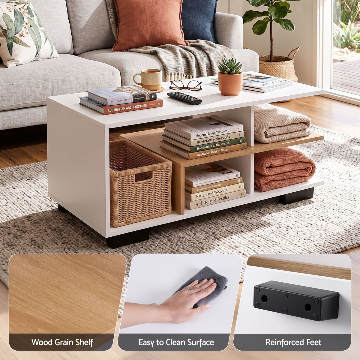 Artiss White and Wood Finish Coffee Table, 90 cm