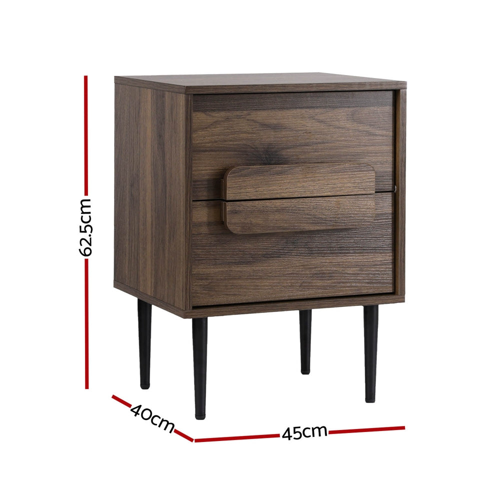 Artiss Walnut Finish Bedside Table with Two Drawers