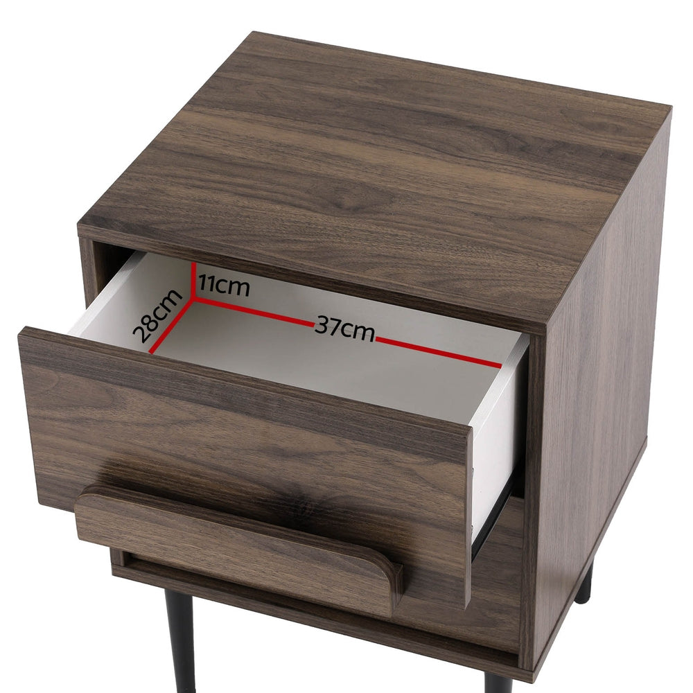 Artiss Walnut Finish Bedside Table with Two Drawers