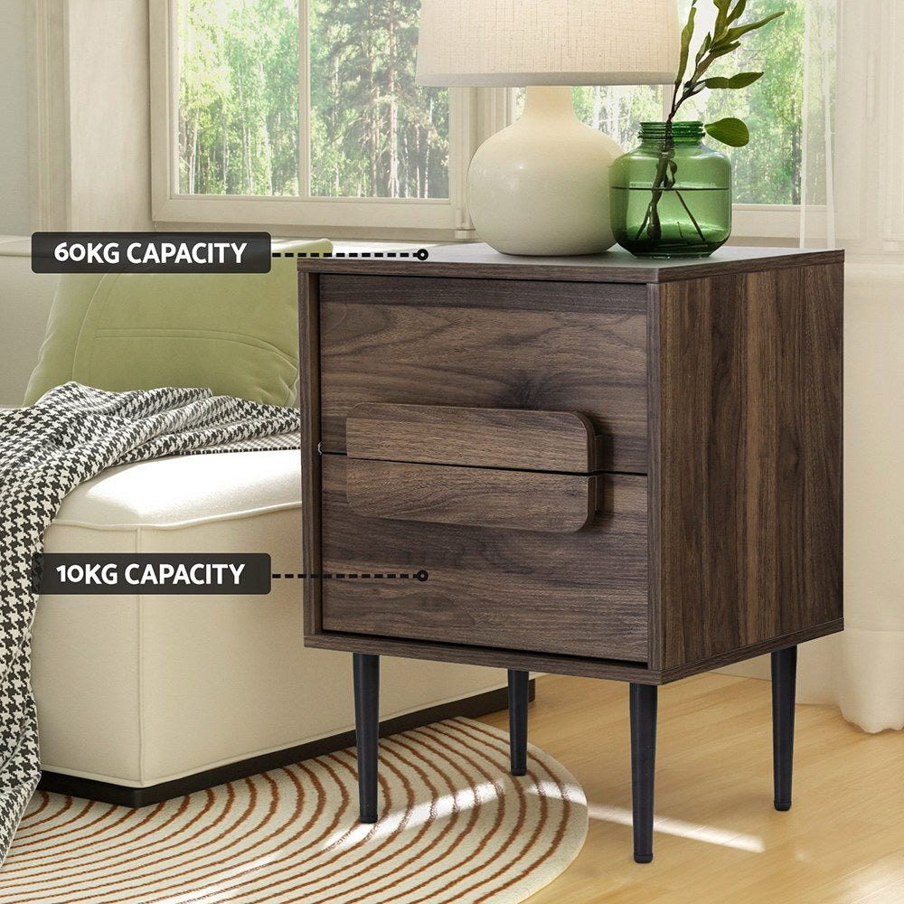 Artiss Walnut Finish Bedside Table with Two Drawers