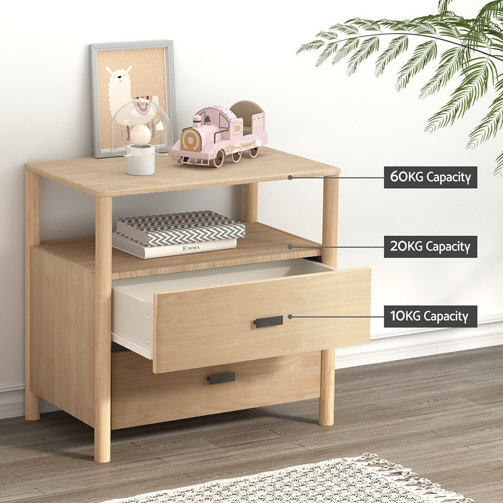 Artiss Pine Finish Two Drawer Bedside Table