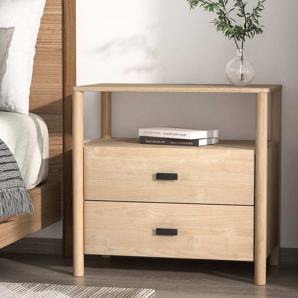 Artiss Pine Finish Two Drawer Bedside Table