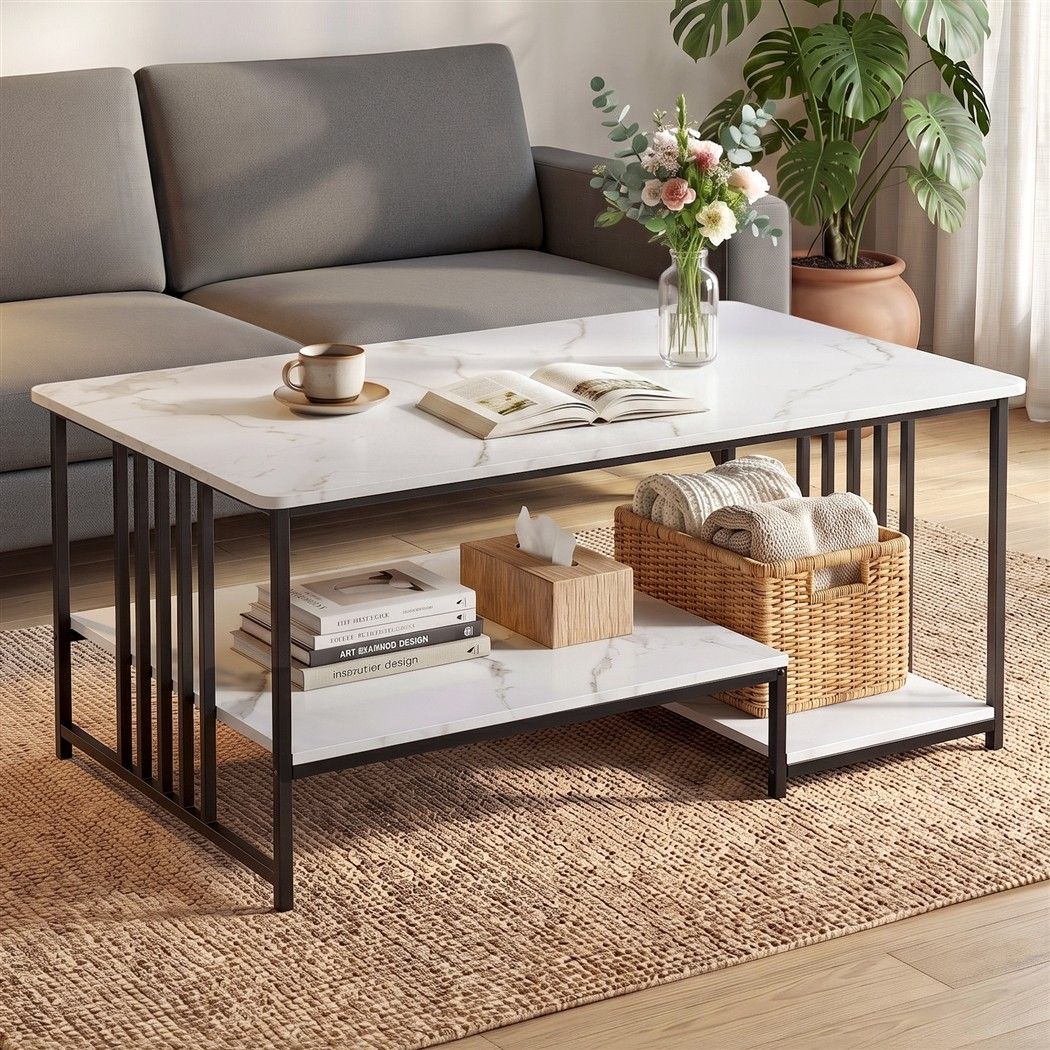 Artiss White and Black Marble Effect Coffee Table, 100 cm