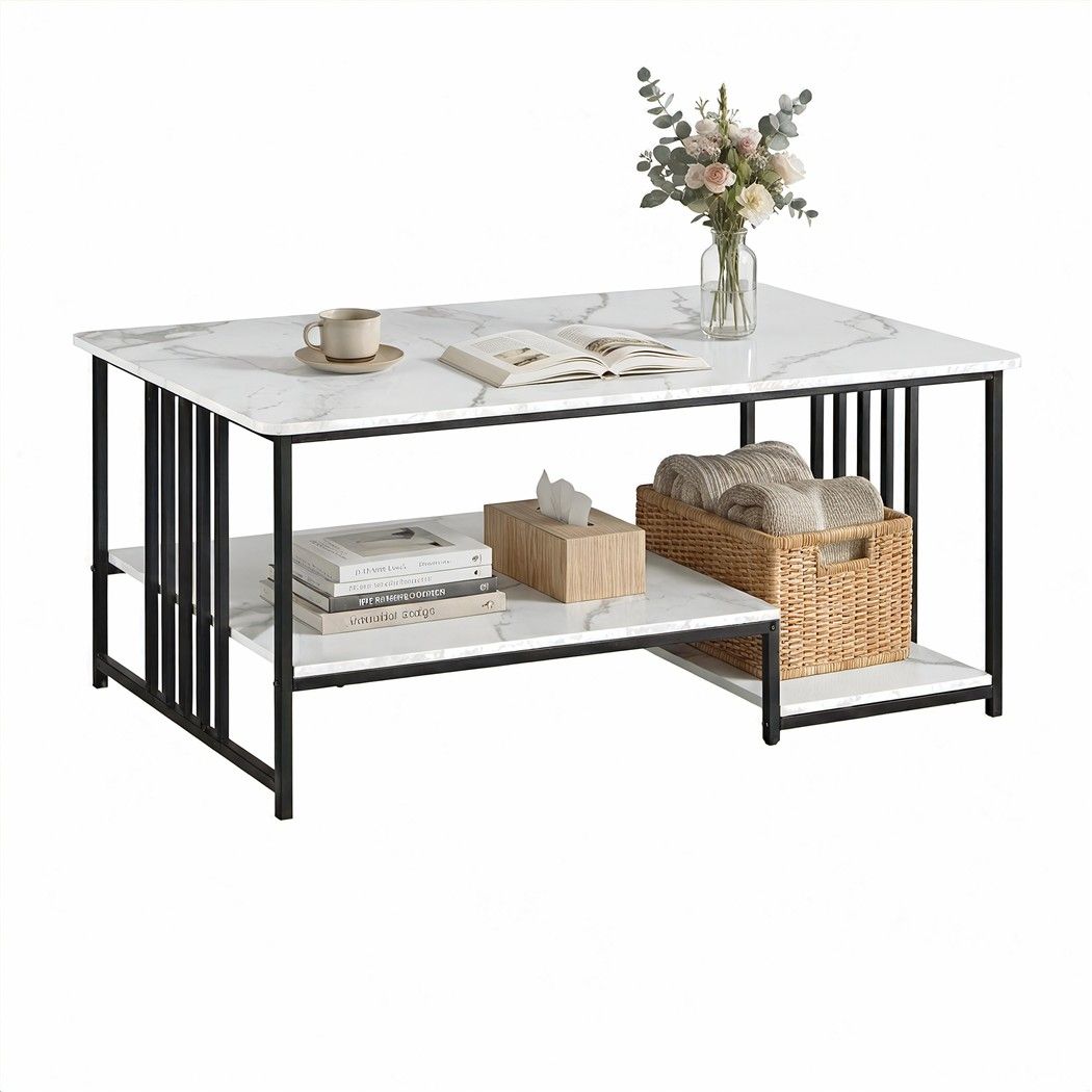 Artiss White and Black Marble Effect Coffee Table, 100 cm