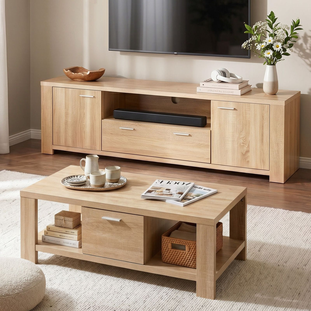 Artiss Pine Finish TV Unit and Coffee Table Set