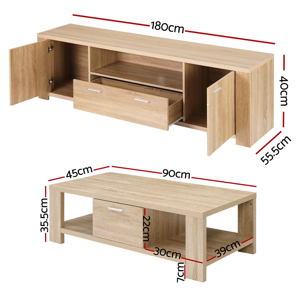 Artiss Pine Finish TV Unit and Coffee Table Set