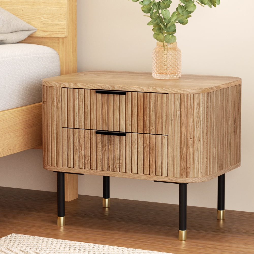 Artiss Pine Finish Bedside Table with Two Drawers