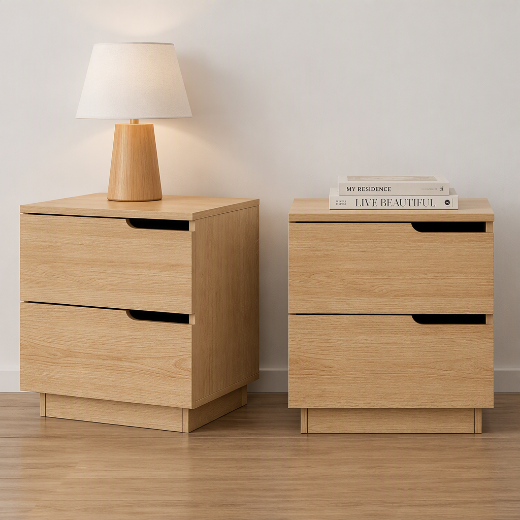 Artiss Pine Finish Two Drawer Bedside Tables, Set of 2