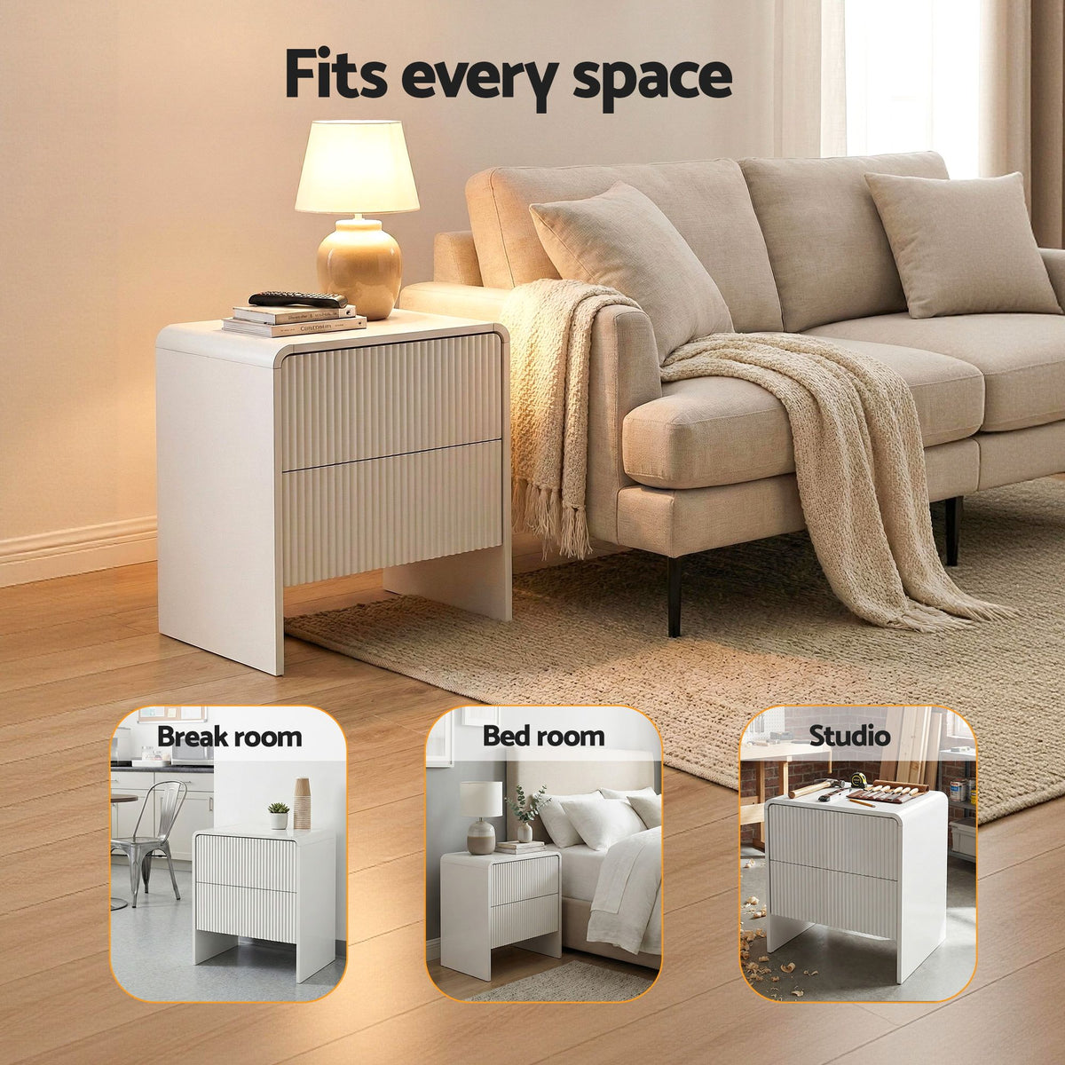 Artiss Beige Bedside Tables with Two Drawers, Set of 2