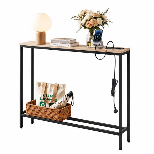 Artiss Wood Finish Narrow Console Table with Charging Station