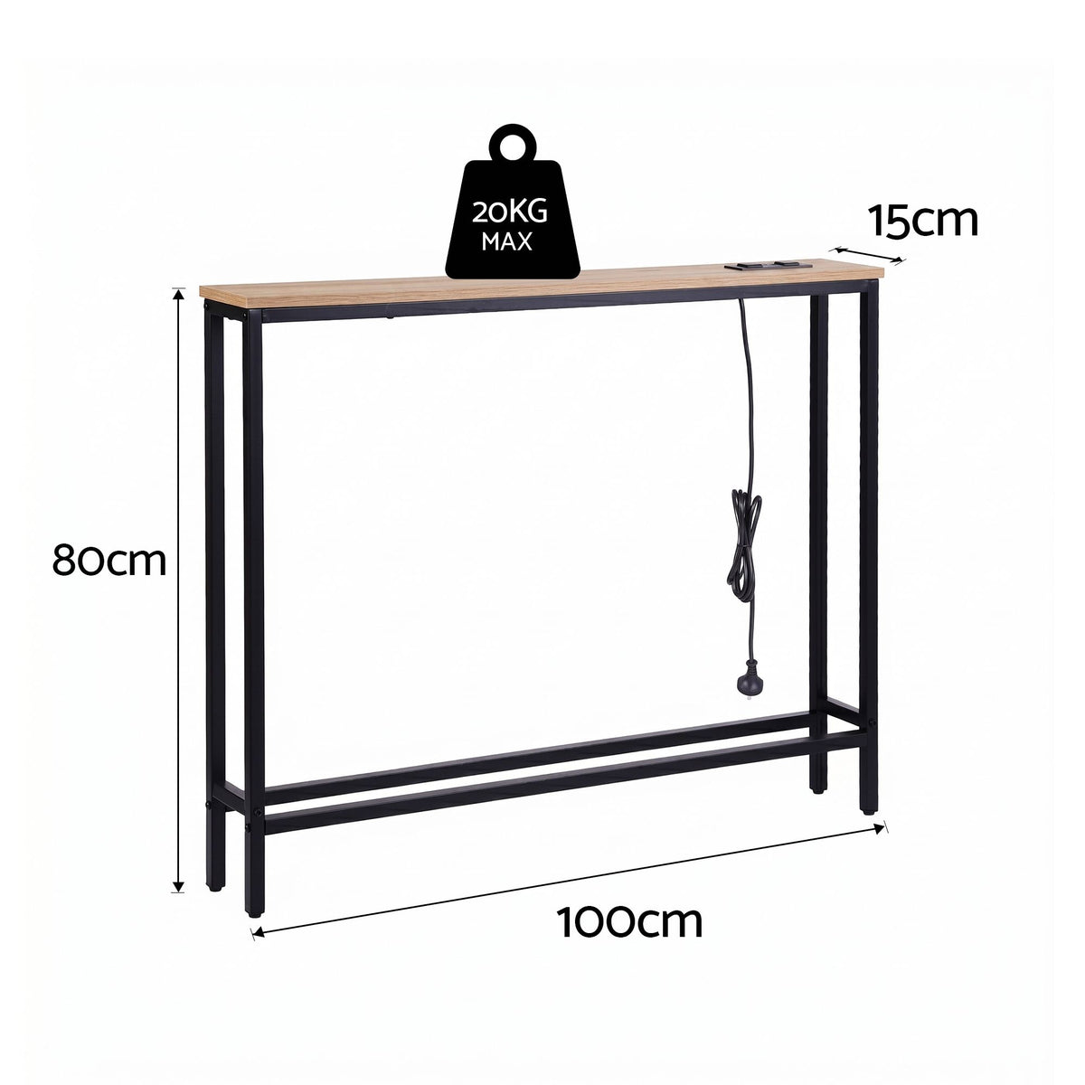 Artiss Wood Finish Narrow Console Table with Charging Station