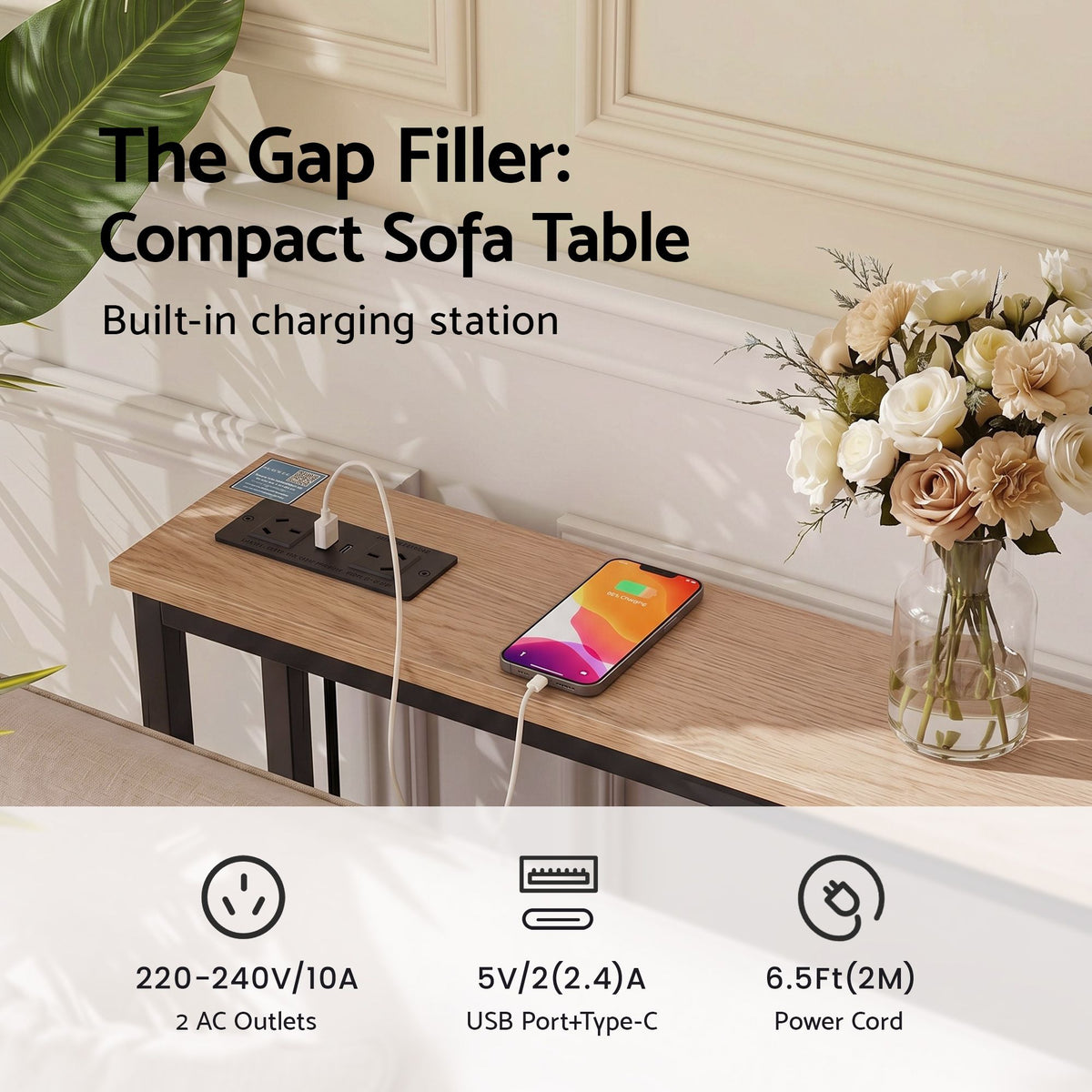 Artiss Wood Finish Narrow Console Table with Charging Station