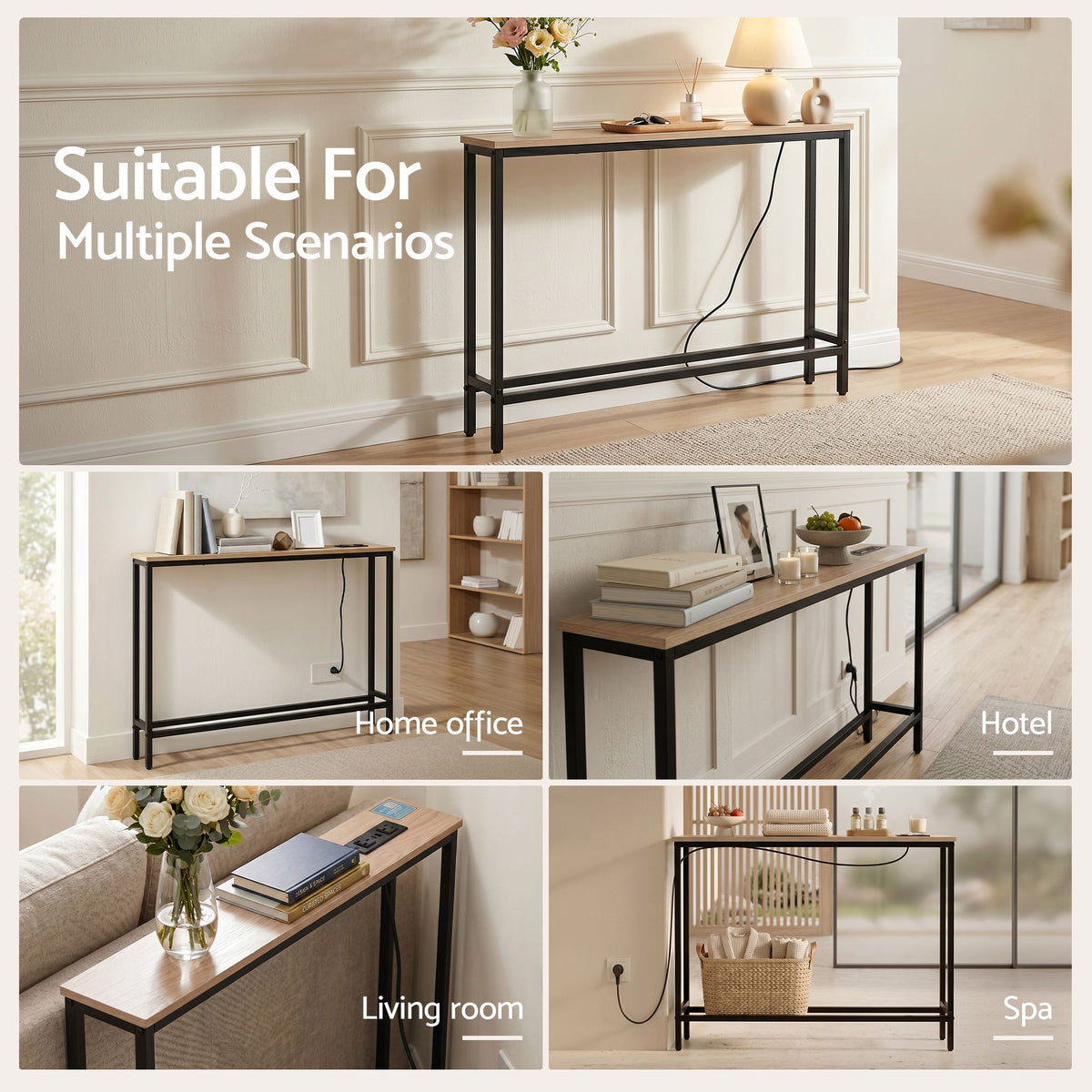 Artiss Wood Finish Narrow Console Table with Charging Station