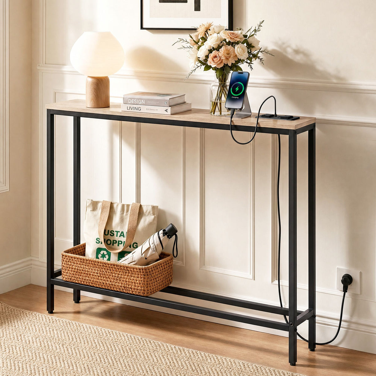 Artiss Wood Finish Narrow Console Table with Charging Station