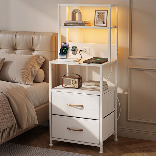 Artiss Tall White Bedside Table with Charging Station and LED