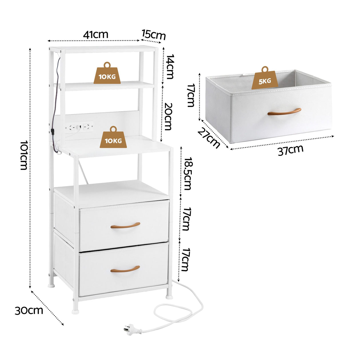 Artiss Tall White Bedside Table with Charging Station and LED