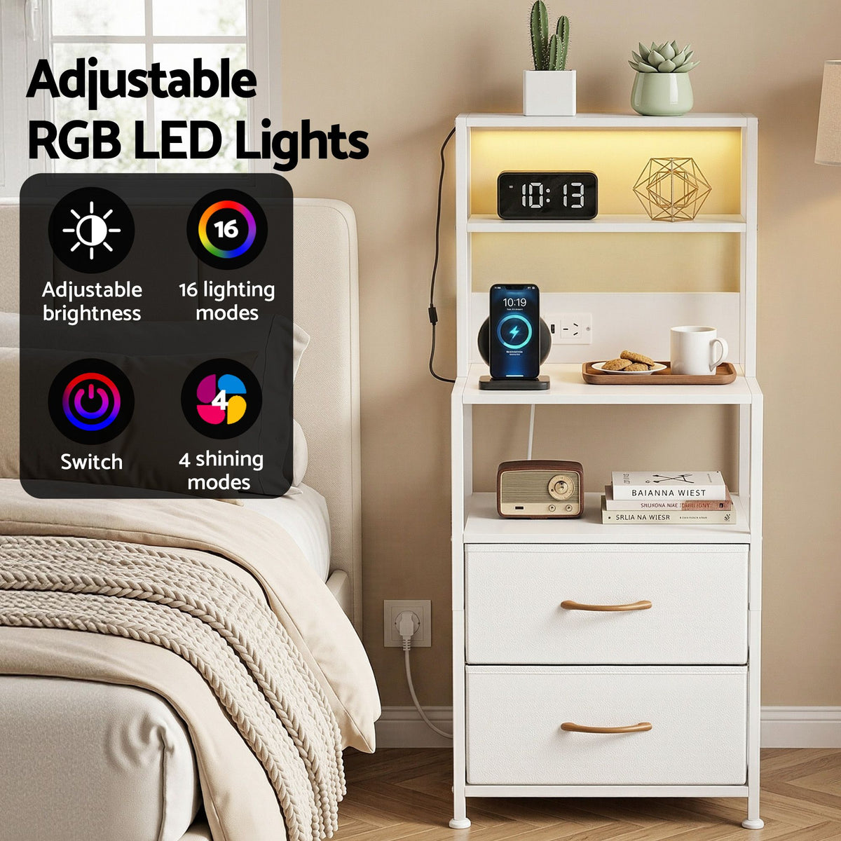 Artiss Tall White Bedside Table with Charging Station and LED