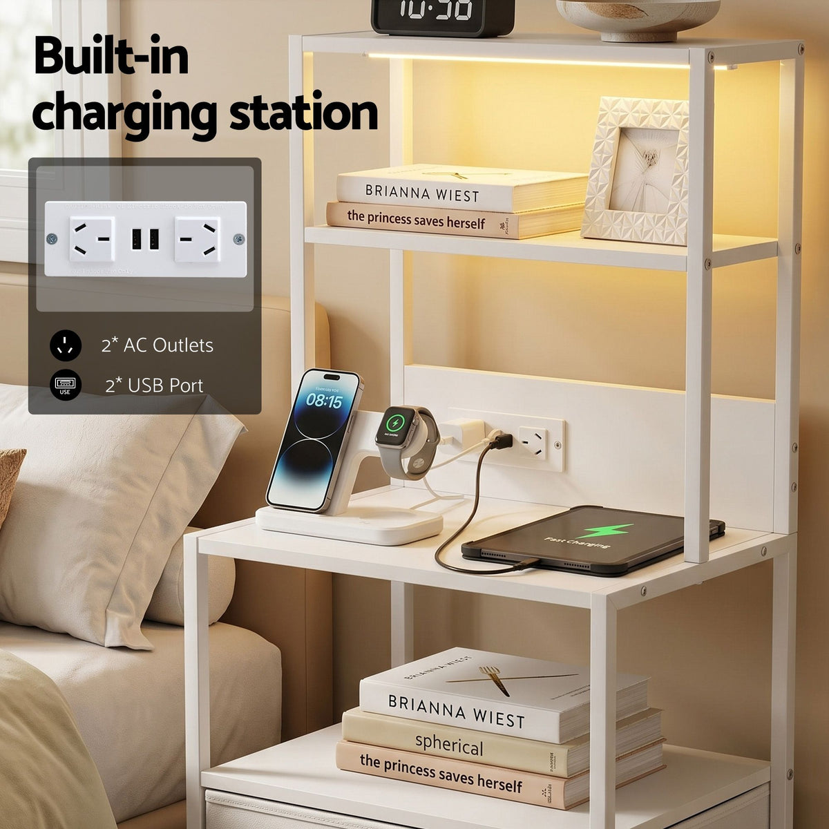 Artiss Tall White Bedside Table with Charging Station and LED