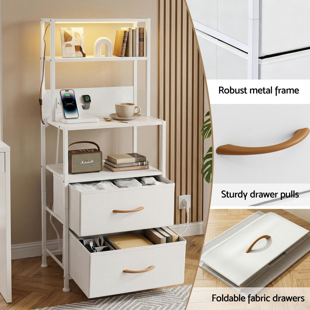 Artiss Tall White Bedside Table with Charging Station and LED