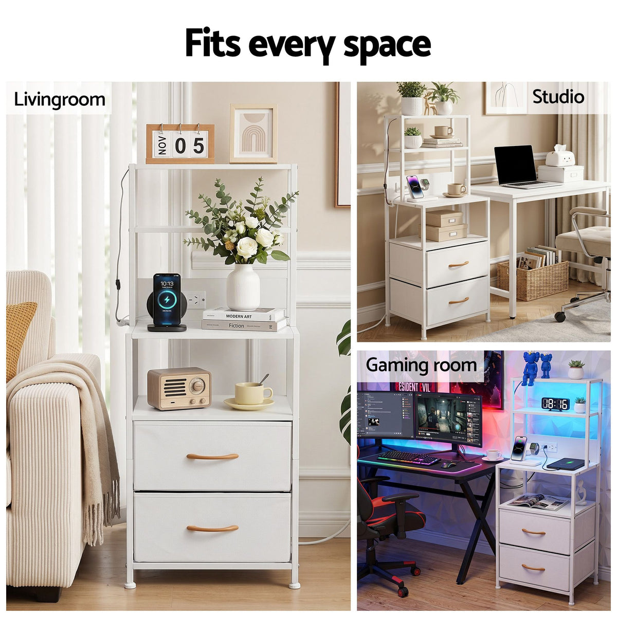 Artiss Tall White Bedside Table with Charging Station and LED
