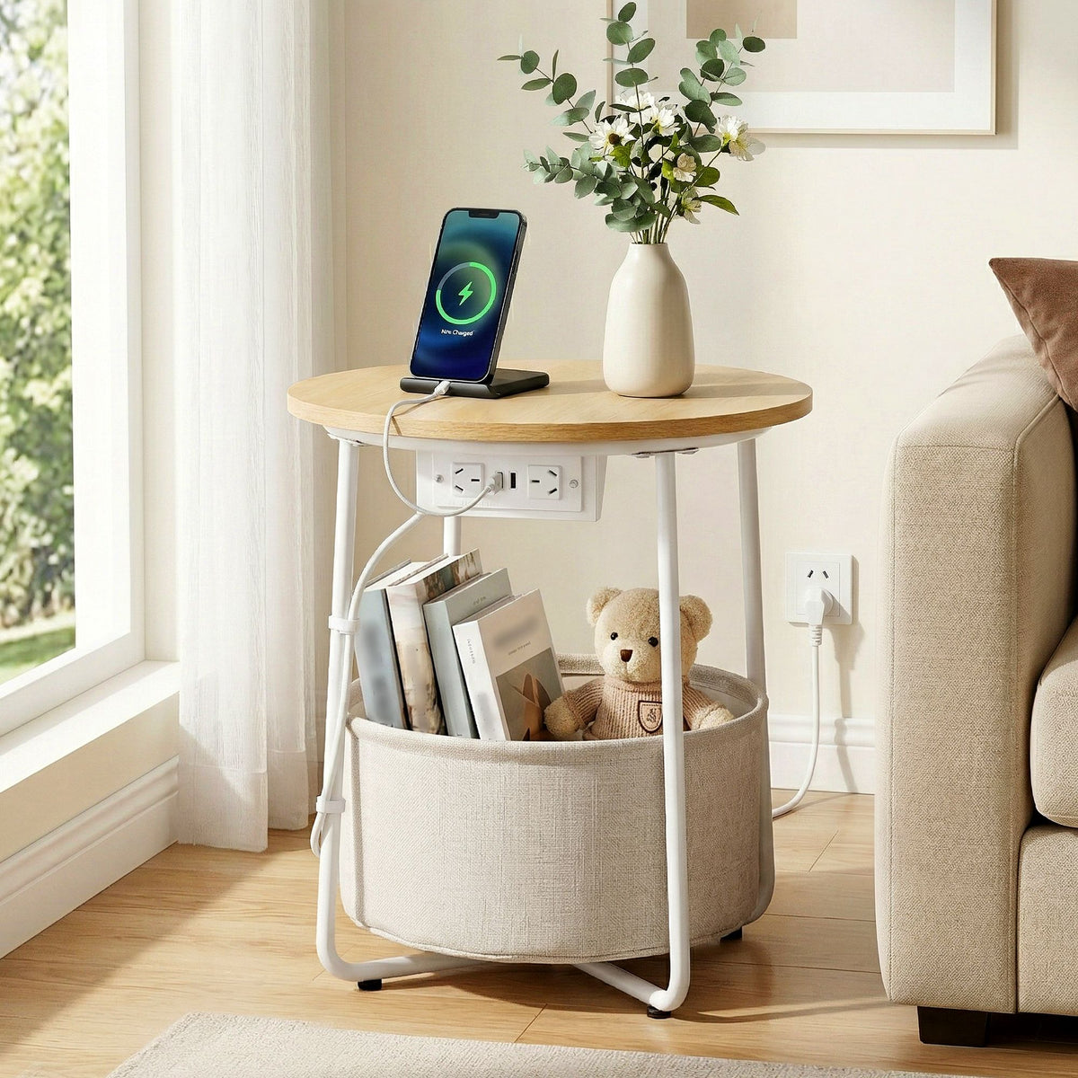 Artiss Round Side Table with Charging Station and Basket