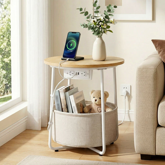 Artiss Round Side Table with Charging Station and Basket