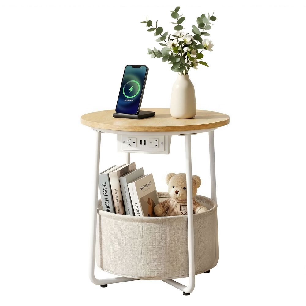 Artiss Round Side Table with Charging Station and Basket