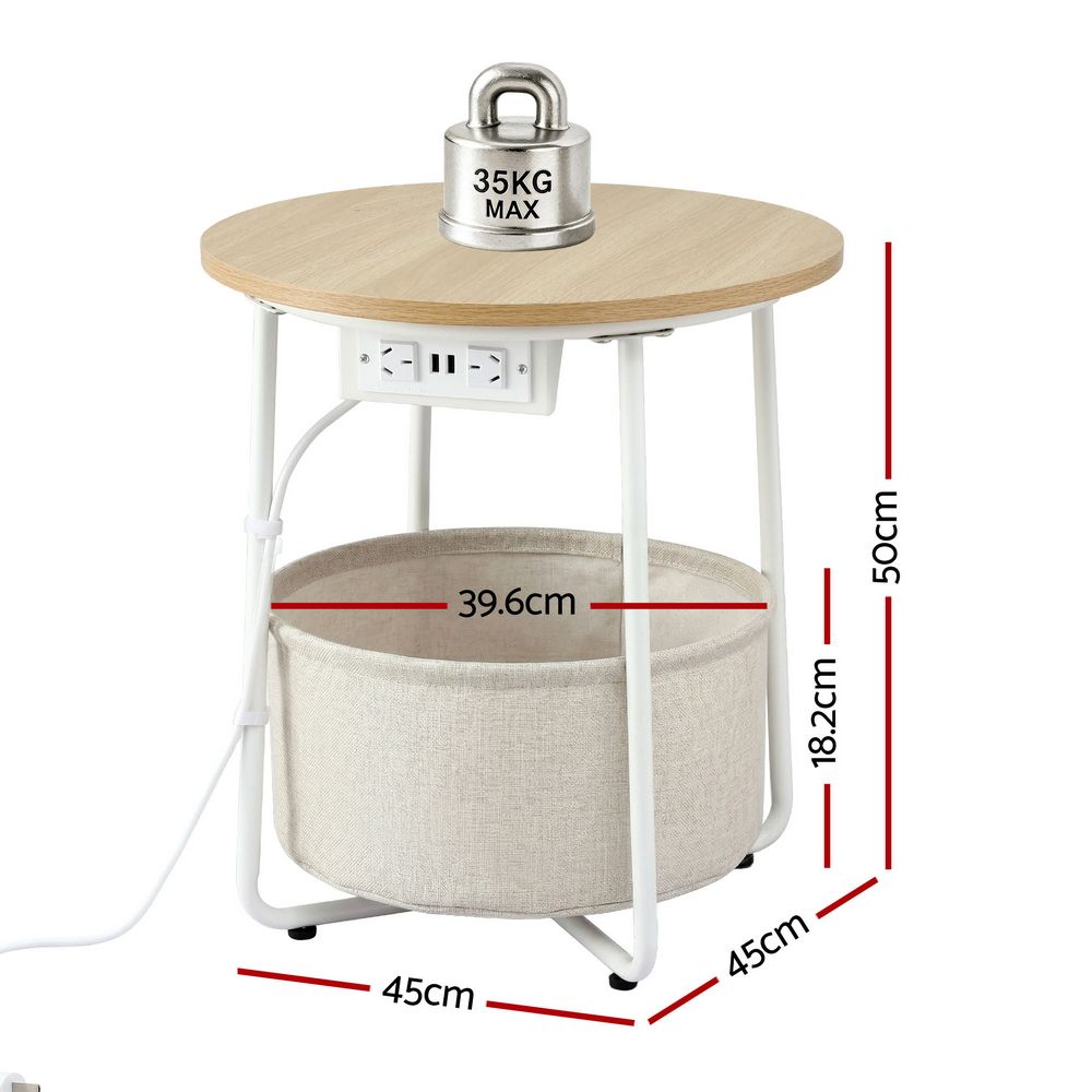 Artiss Round Side Table with Charging Station and Basket