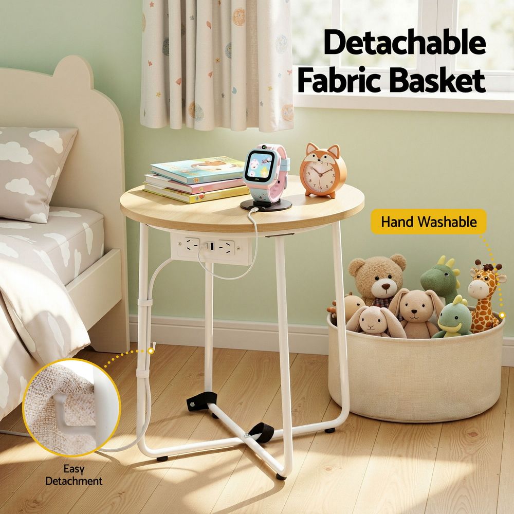 Artiss Round Side Table with Charging Station and Basket