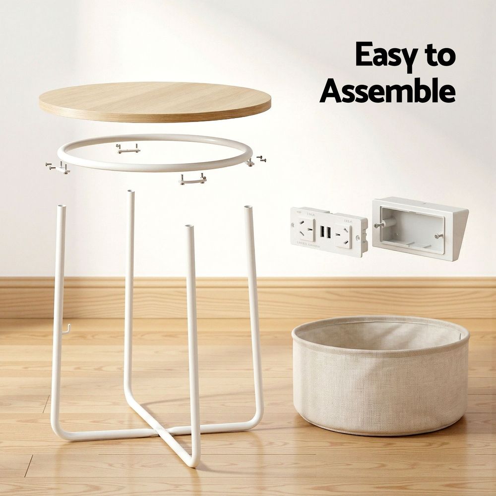 Artiss Round Side Table with Charging Station and Basket