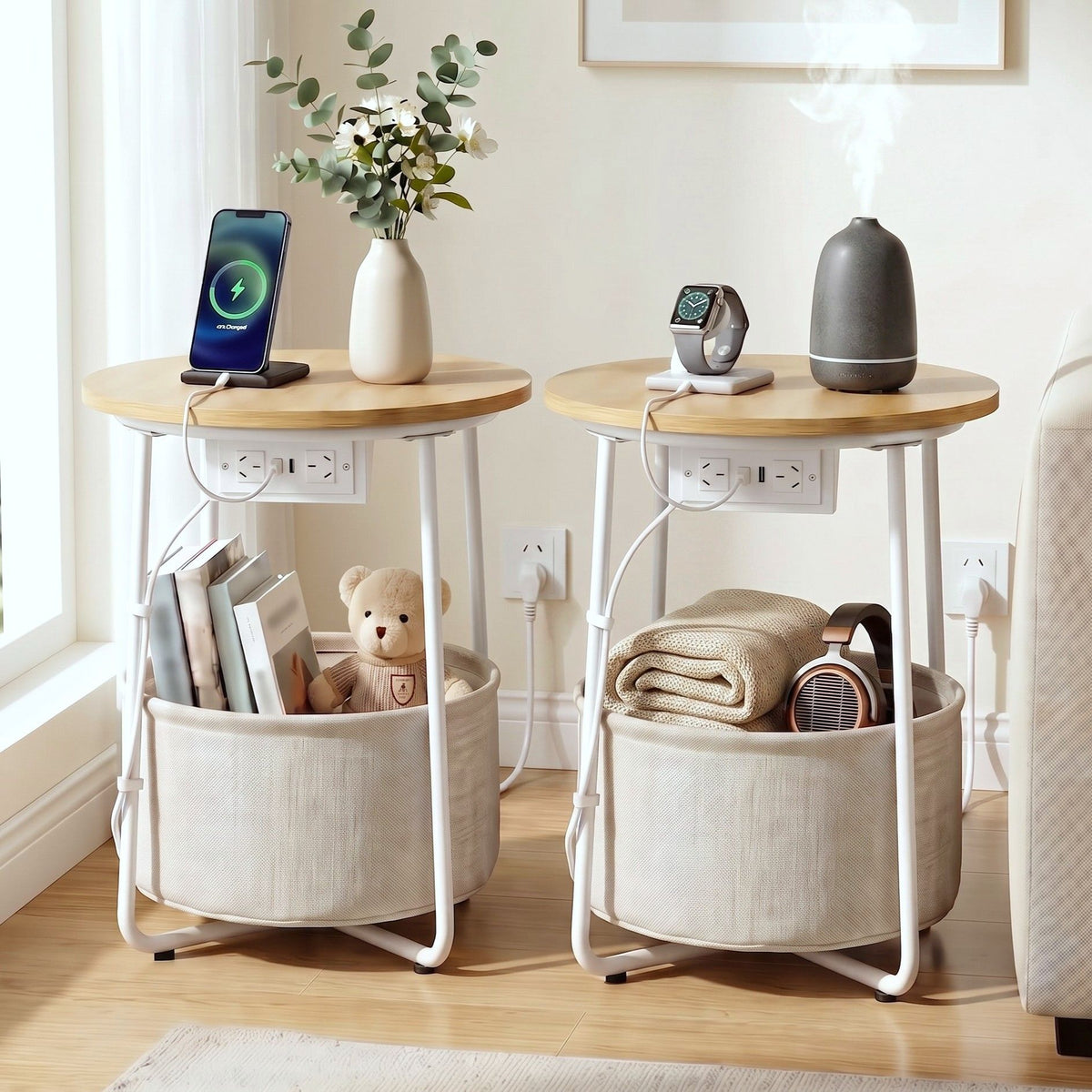 Artiss Round Side Tables with Charging Station, Set of 2