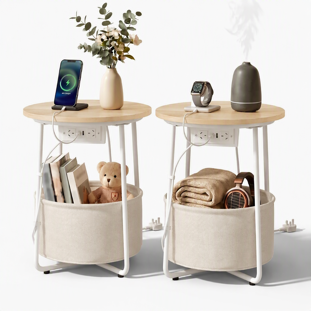 Artiss Round Side Tables with Charging Station, Set of 2