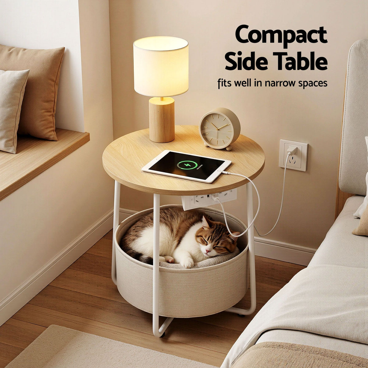 Artiss Round Side Tables with Charging Station, Set of 2