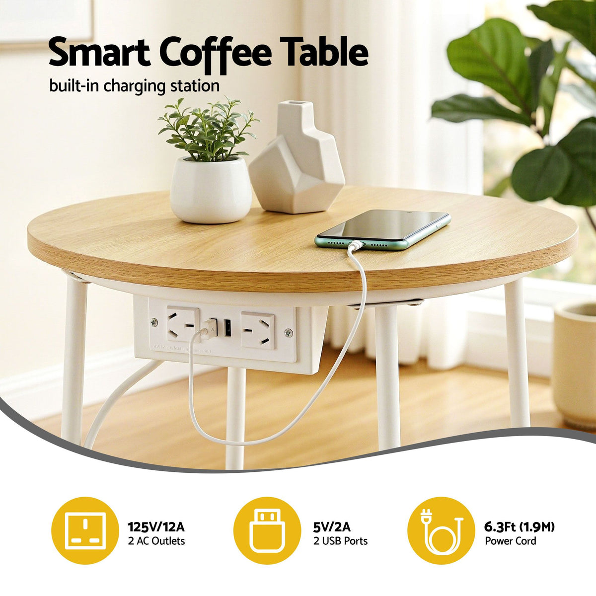 Artiss Round Side Tables with Charging Station, Set of 2