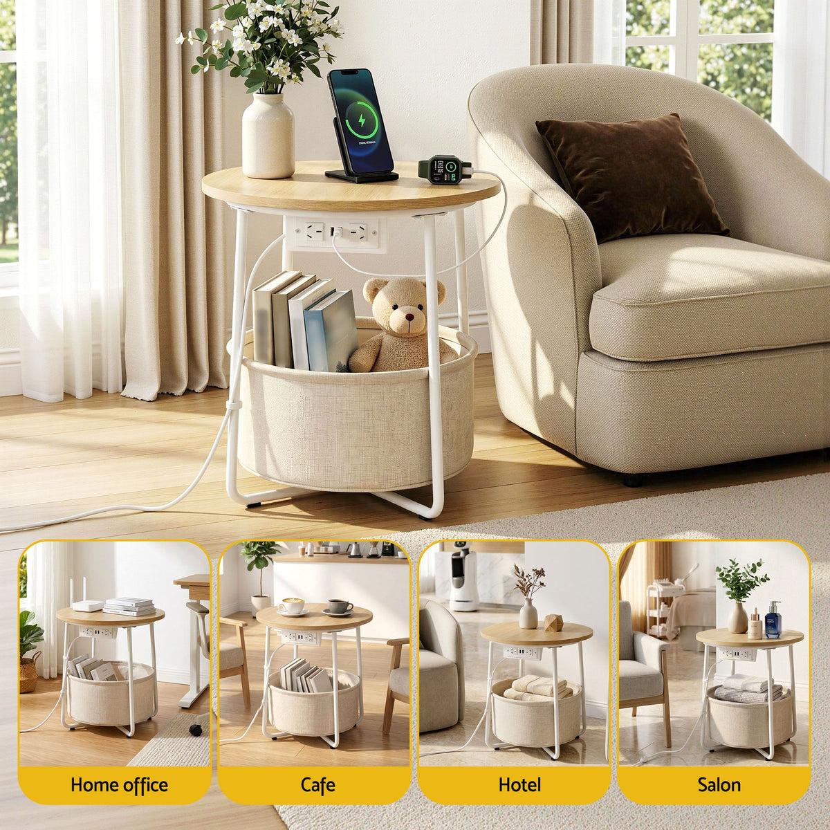 Artiss Round Side Tables with Charging Station, Set of 2