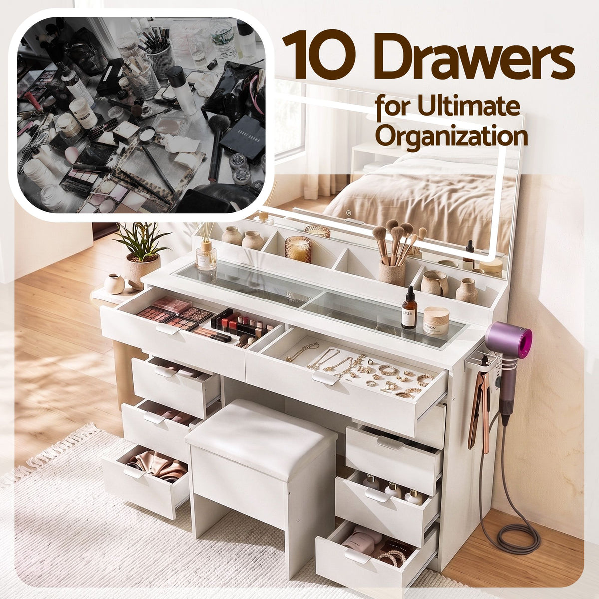 Artiss White LED Dressing Table with Ten Drawers