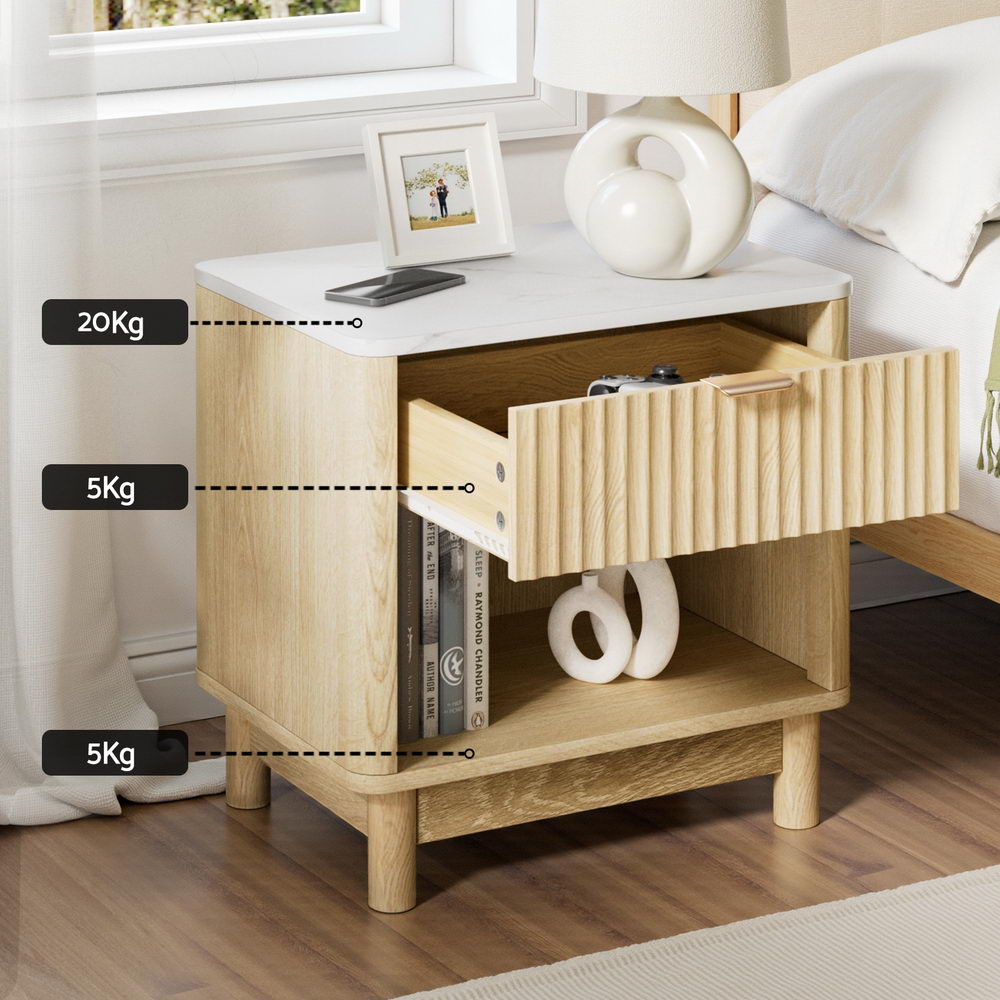 Artiss Pine Finish Bedside Table with Drawer and Shelves