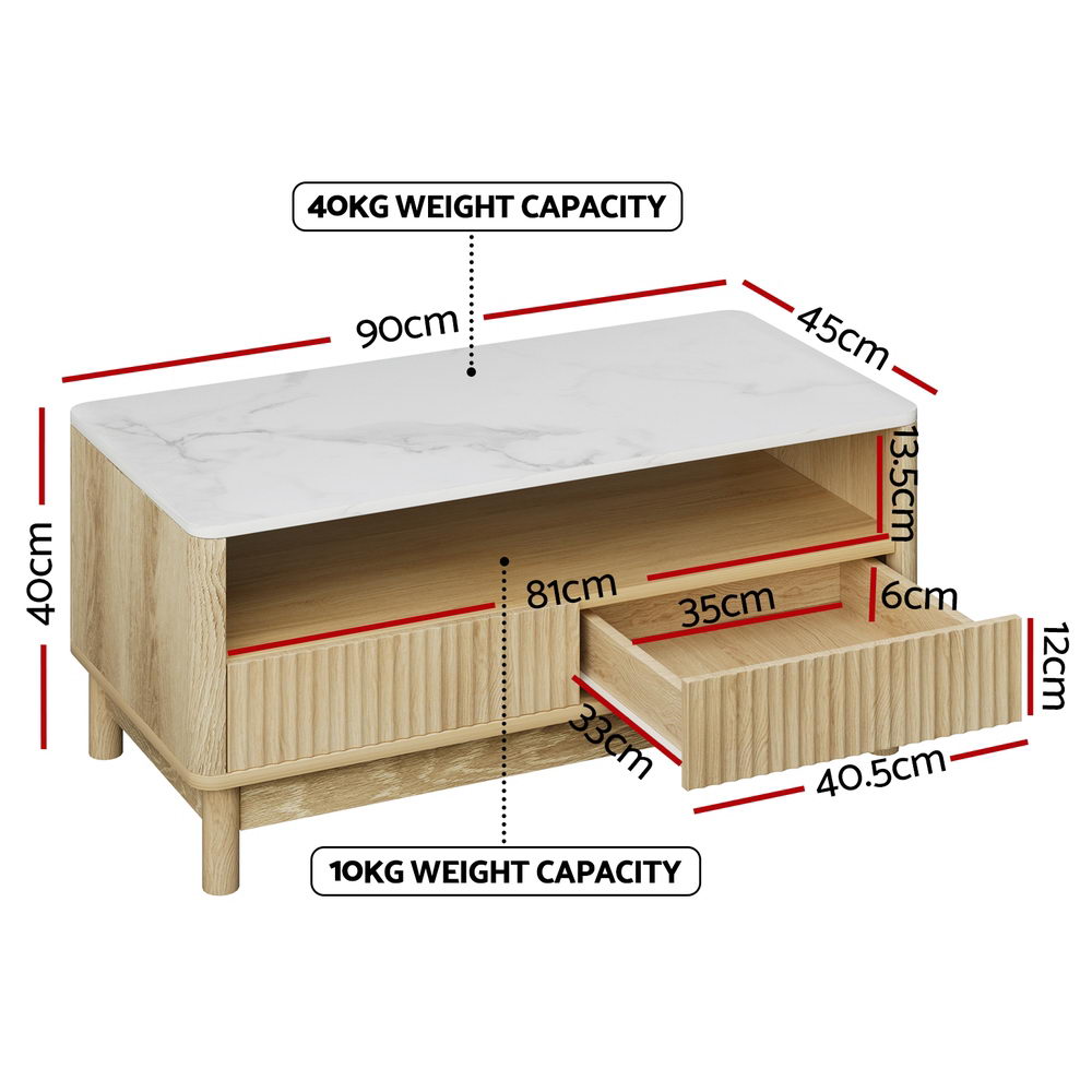 Artiss Marble Effect Coffee Table with Two Drawers and Shelf