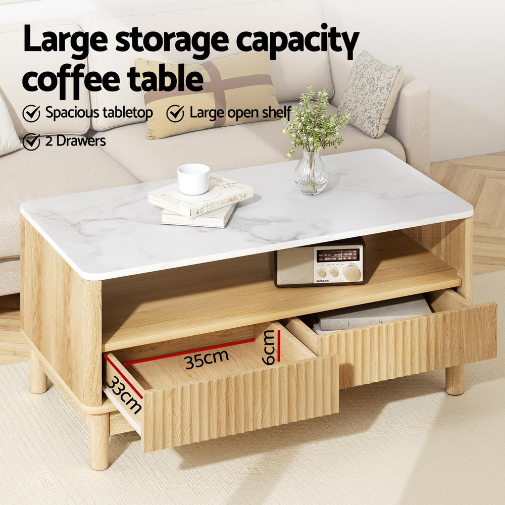 Artiss Marble Effect Coffee Table with Two Drawers and Shelf