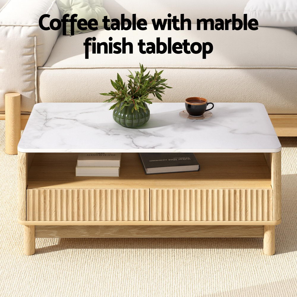 Artiss Marble Effect Coffee Table with Two Drawers and Shelf