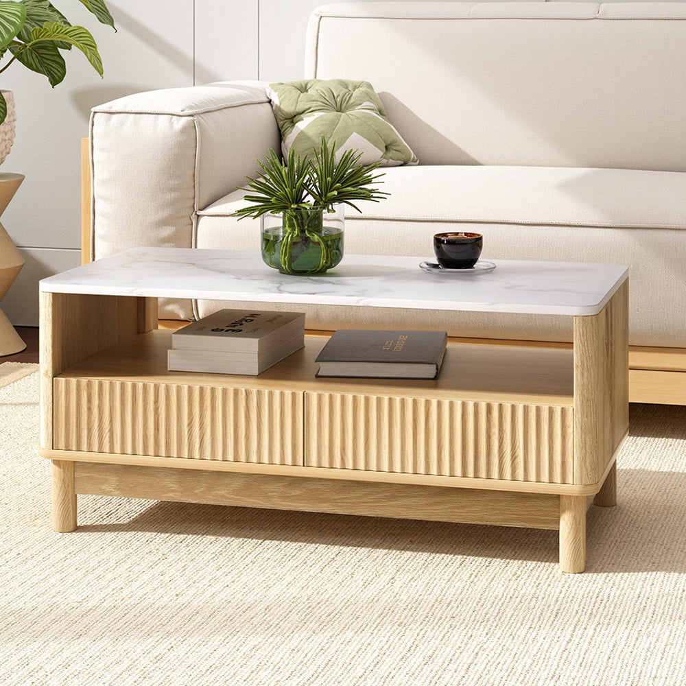 Artiss Marble Effect Coffee Table with Two Drawers and Shelf