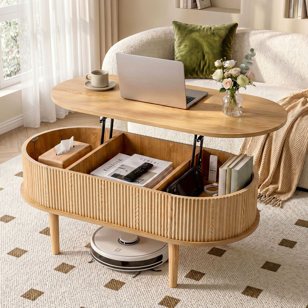 Artiss Oval Fluted Lift Top Coffee Table, 100 cm