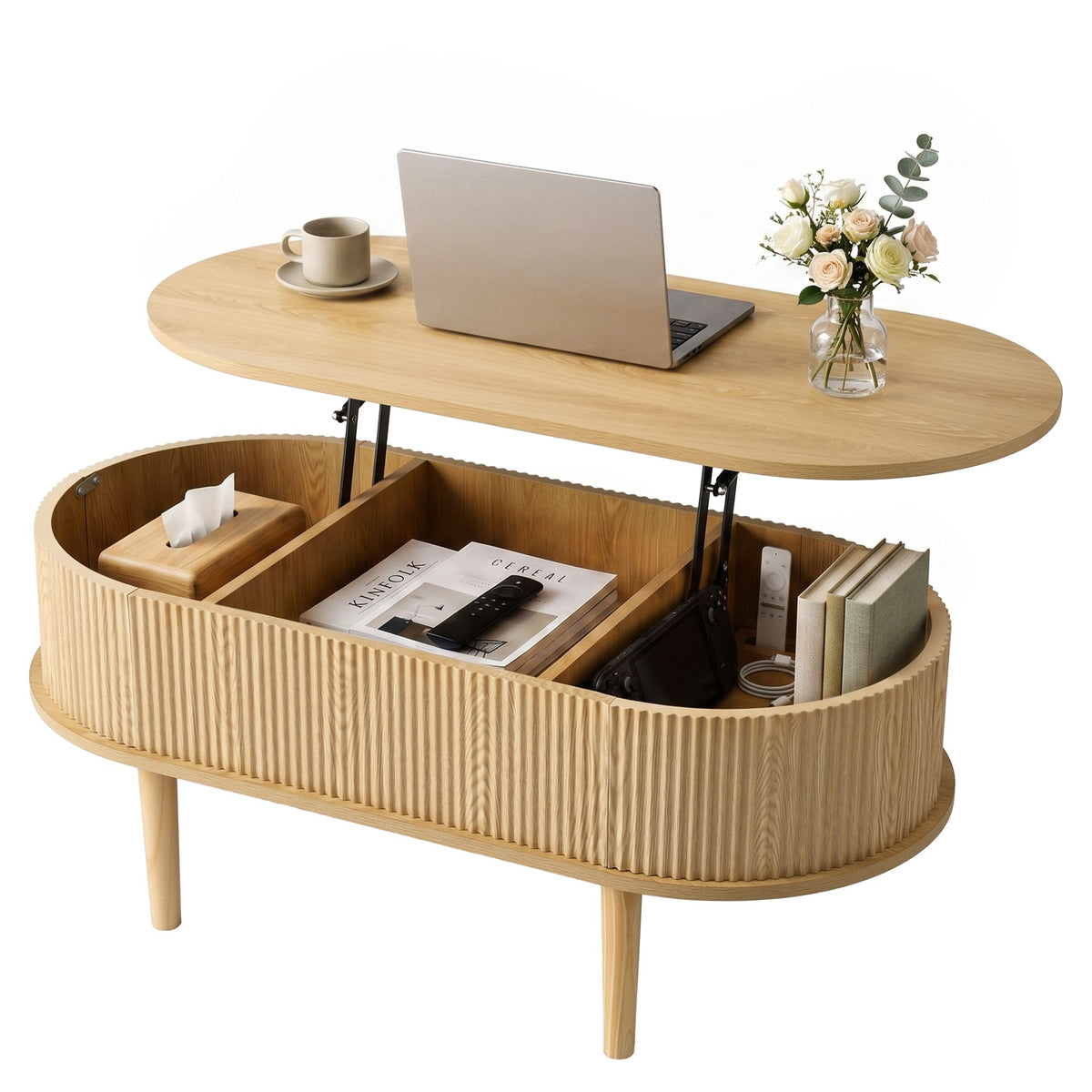 Artiss Oval Fluted Lift Top Coffee Table, 100 cm