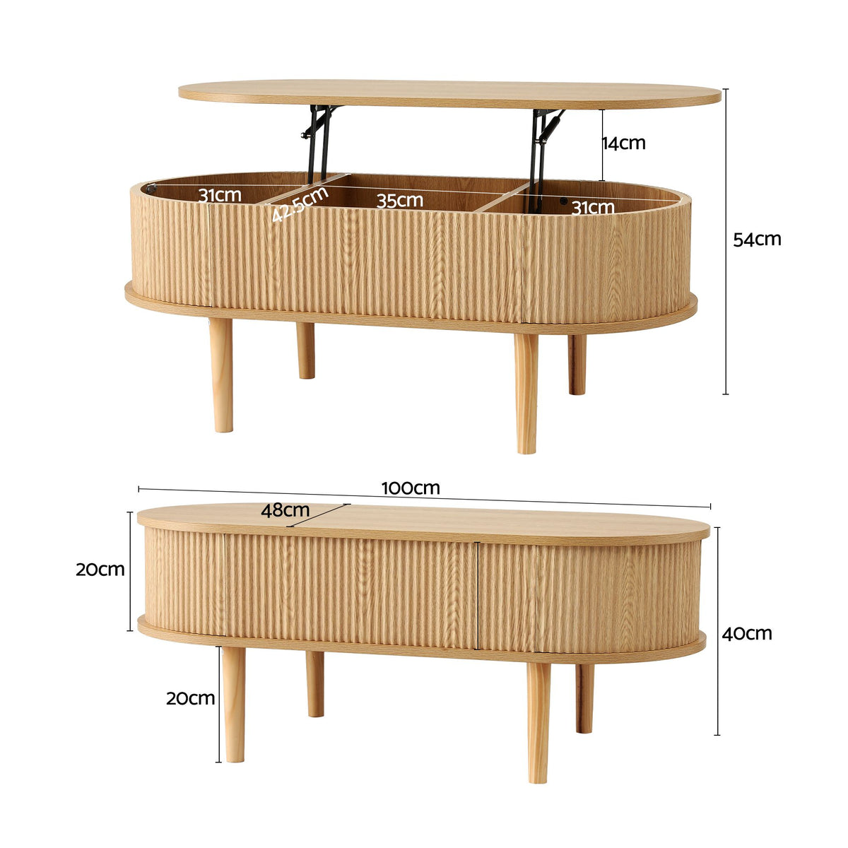 Artiss Oval Fluted Lift Top Coffee Table, 100 cm