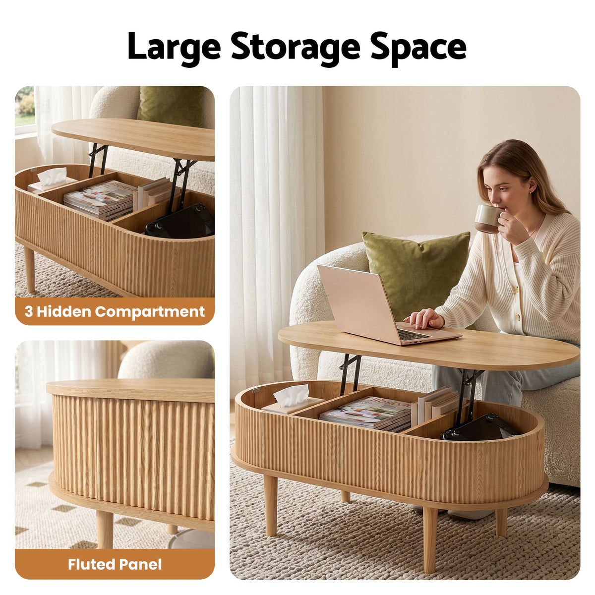Artiss Oval Fluted Lift Top Coffee Table, 100 cm